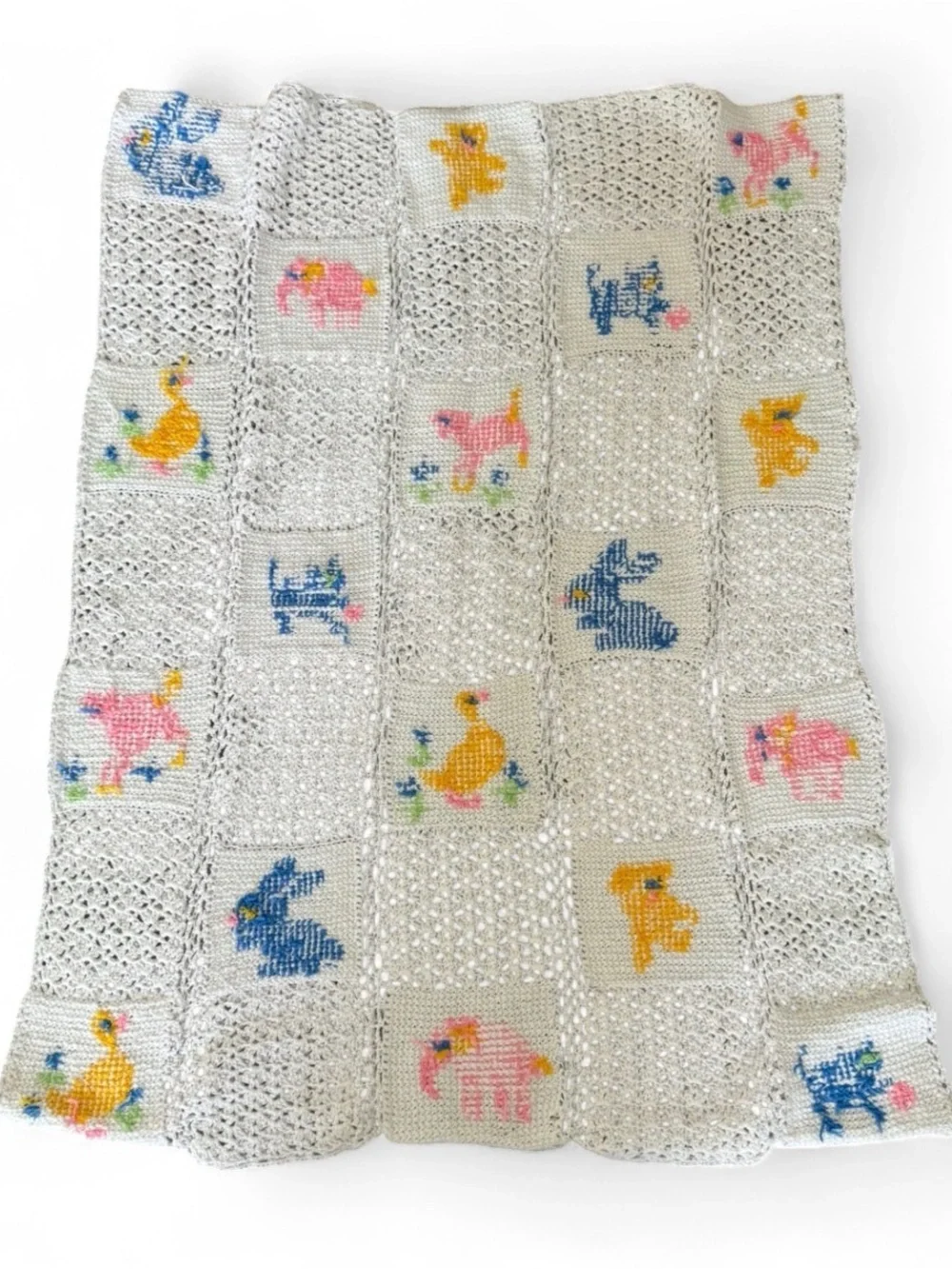 Vintage Handmade Crochet‎ Cross Stitch Baby Blanket Pastel Animal Heirloom
